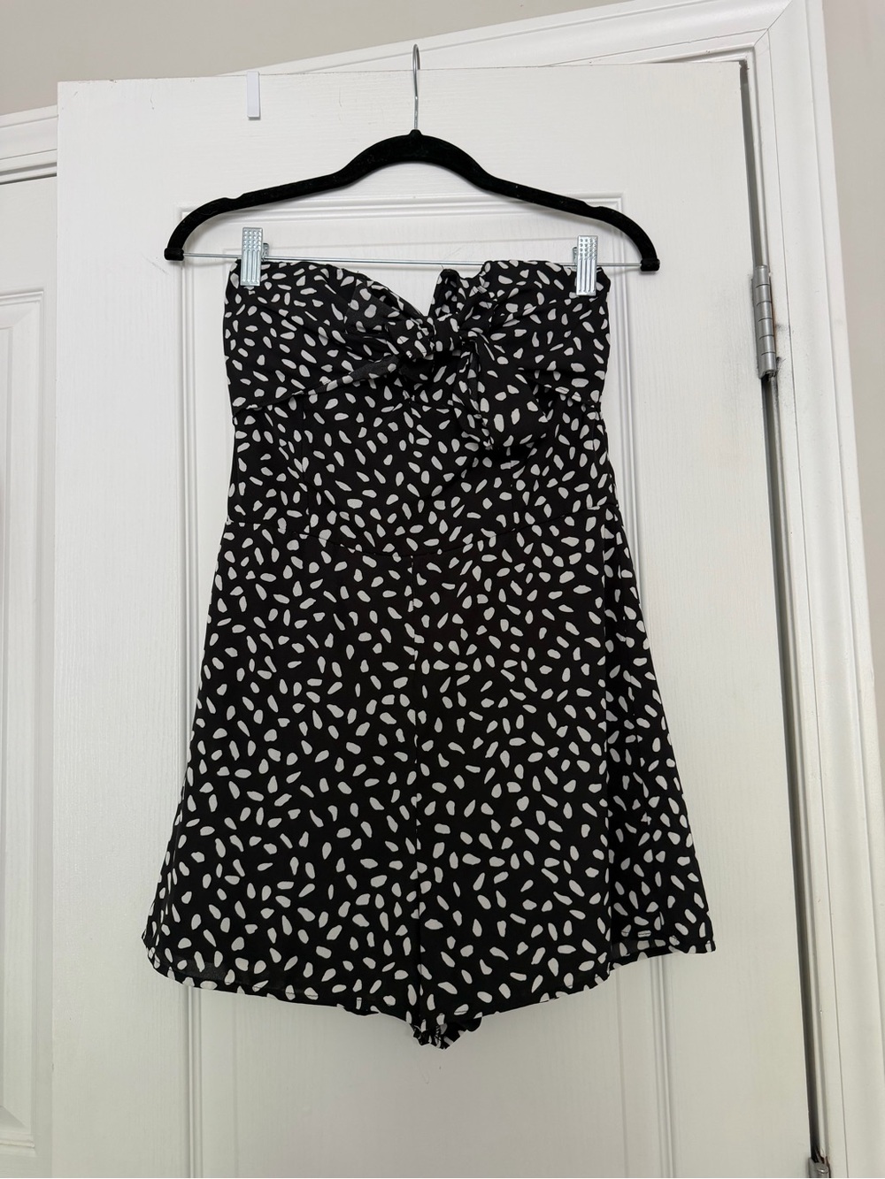 She + Sky black strapless romper with white polka dots, size S